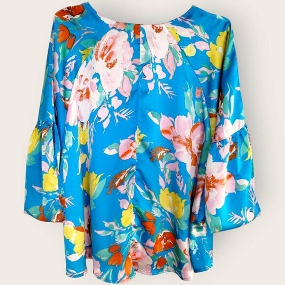 Umgee Womens Top Sz Small Oversized Blue Floral Puff Sleeves Coquette Whimsicore - Picture 2 of 9